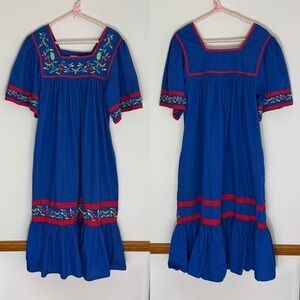 Vintage style blue embroidered watermelon tiered dress size S